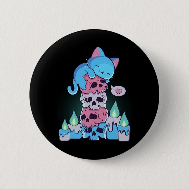Transgender Aesthetic Kawaii Cat On Skulls Subtle  Button (Front)