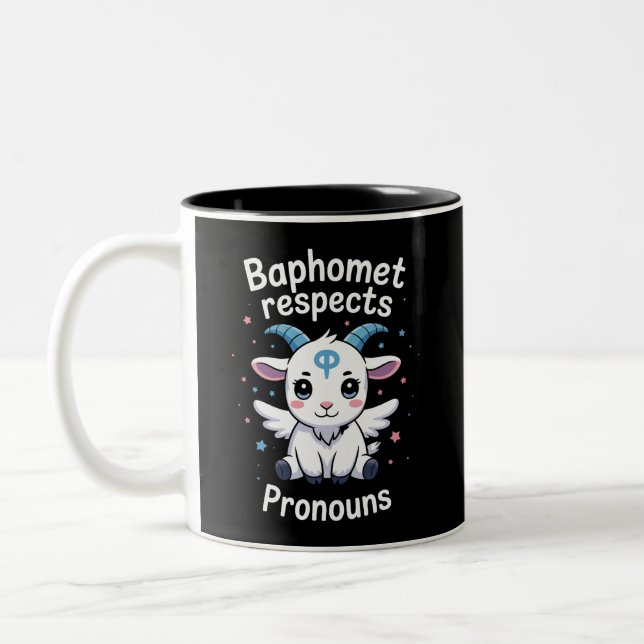 Transgender Baphomet Respects Pronouns Trans Pride Two-Tone Coffee Mug (Left)