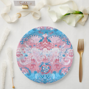 Transgender Dragon Damask - Trans Pride Flag Color Paper Plates