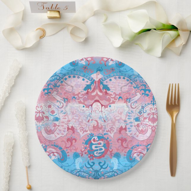 Transgender Dragon Damask - Trans Pride Flag Color Paper Plates (Wedding)