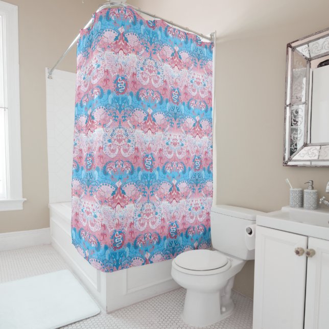 Transgender Dragon Damask - Trans Pride Flag Color Shower Curtain (In Situ)