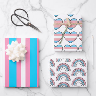 Transgender Hearts, Rainbows and Flag Birthday Wrapping Paper Sheets