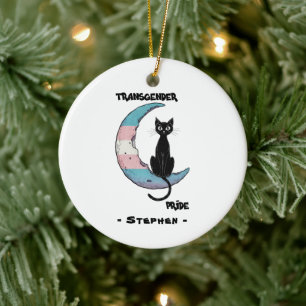 Transgender Pride – Black Cat on Trans Flag Moon Ceramic Ornament