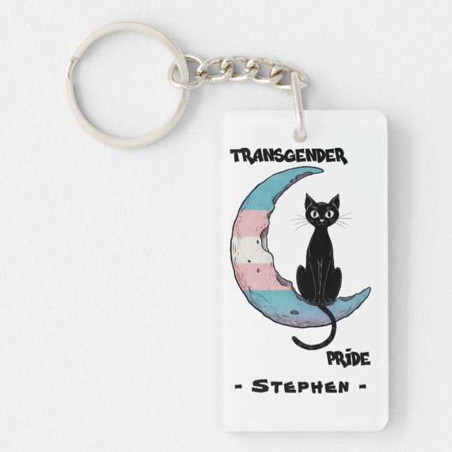 Transgender Pride – Black Cat on Trans Flag Moon Keychain (Front)