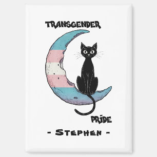 Transgender Pride – Black Cat on Trans Flag Moon Magnet