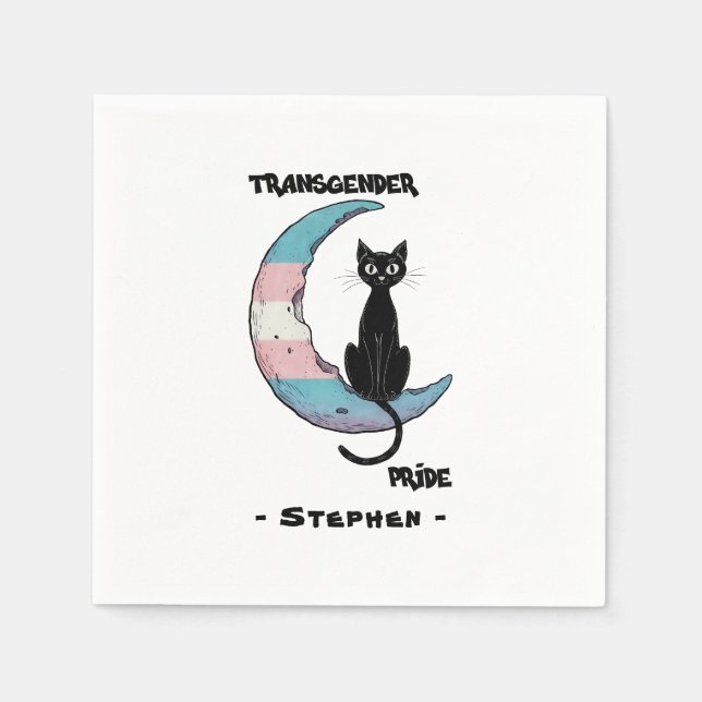 Transgender Pride – Black Cat on Trans Flag Moon Napkins (Front)