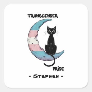 Transgender Pride – Black Cat on Trans Flag Moon Square Sticker