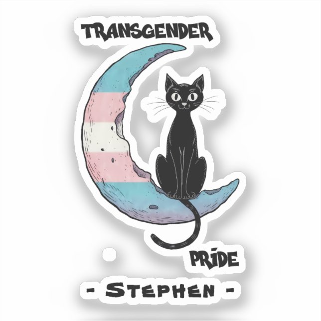 Transgender Pride – Black Cat on Trans Flag Moon Sticker (Front)