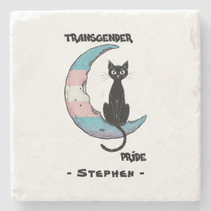 Transgender Pride – Black Cat on Trans Flag Moon Stone Coaster