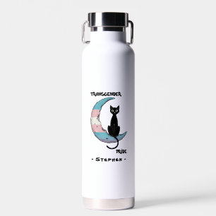 Transgender Pride – Black Cat on Trans Flag Moon Water Bottle
