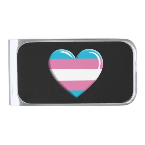 Transgender Pride Flag Heart Shaped Silver Finish Money Clip