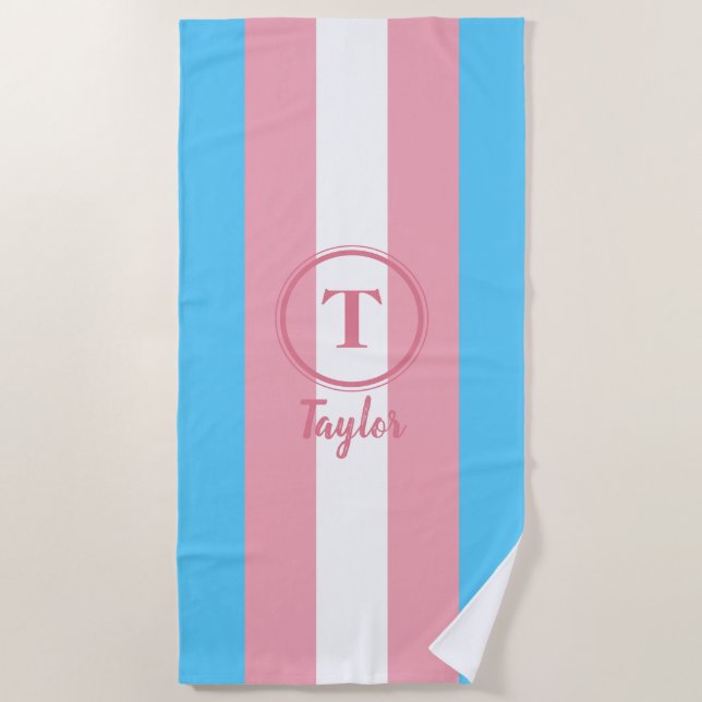 Transgender Pride Flag Pink Custom Monogram LGBT Beach Towel (Front)