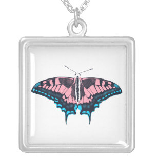 Transgender Pride Flag Swallowtail Butterfly Silver Plated Necklace