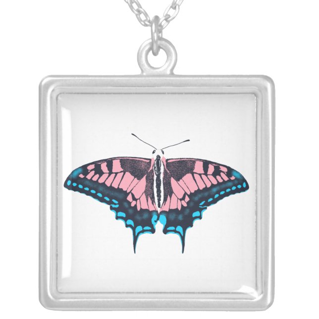 Transgender Pride Flag Swallowtail Butterfly Silver Plated Necklace (Front)