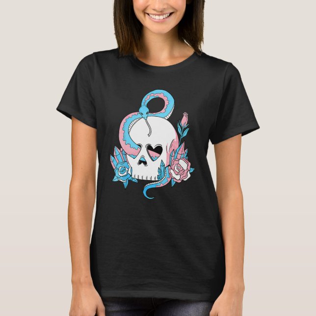 Transgender Pride Trans Flag Skull Snakes Roses Su T-Shirt (Front)
