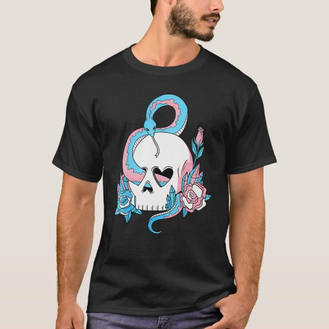 Transgender Pride Trans Flag Skull Snakes Roses Su T-Shirt (Front)