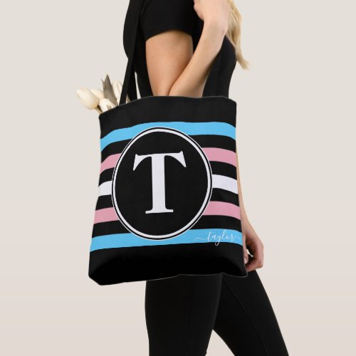 Transgender Stripes Monogram Name Black Gay Pride Tote Bag