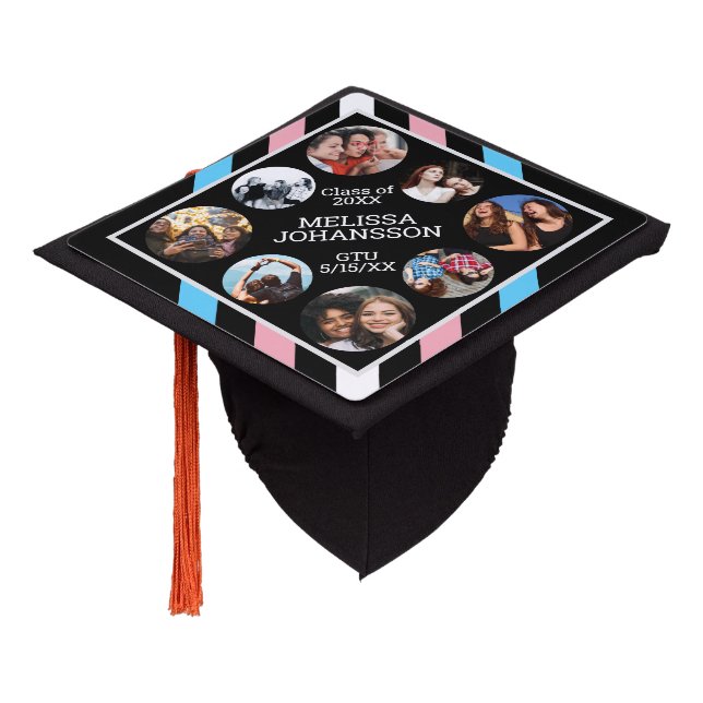 Transgender Stripes Photo Collage Black Custom Graduation Cap Topper (Angled)