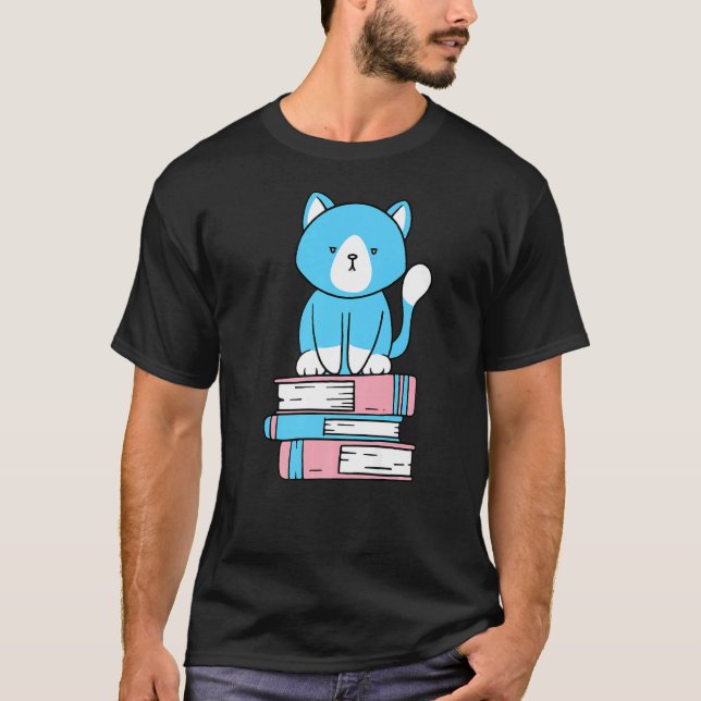 Transgender Subtle Pride Cute Cat Book Pile Trans  T-Shirt (Front)