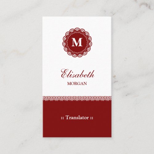 Translator - Elegant Red Lace Monogram Business Card Templates