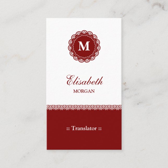 Translator - Elegant Red Lace Monogram Business Card (Front)