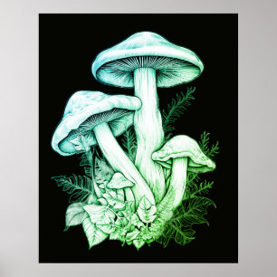 Translucent Green Mushrooms Black Background Wall Poster