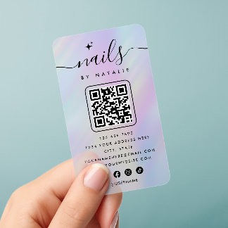 Translucent holographic nail salon QR code clear Business Cards