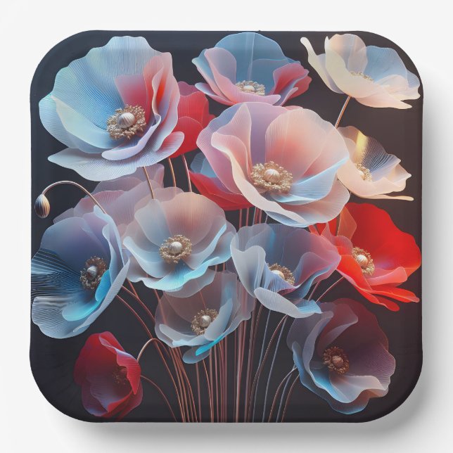 Translucent Poppies On Black Paper Plates (Front)