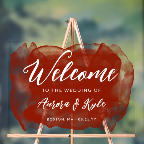 Translucent Rufous Red Watercolor Wedding Welcome Acrylic Sign