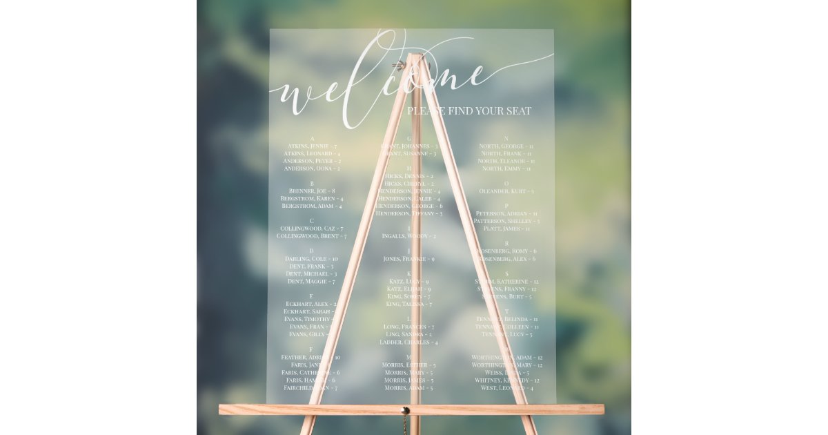 Translucent White Script Welcome Seating Chart | Zazzle