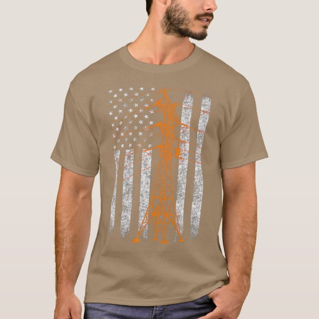 Transmission Tower American Flag Lineman Premium T-Shirt (Front)