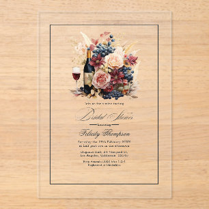 Transparent Acrylic Wine and Floral Bridal Shower Invitations