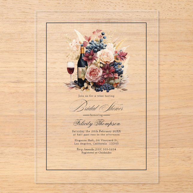 Transparent Acrylic Wine and Floral Bridal Shower Invitations (Front)