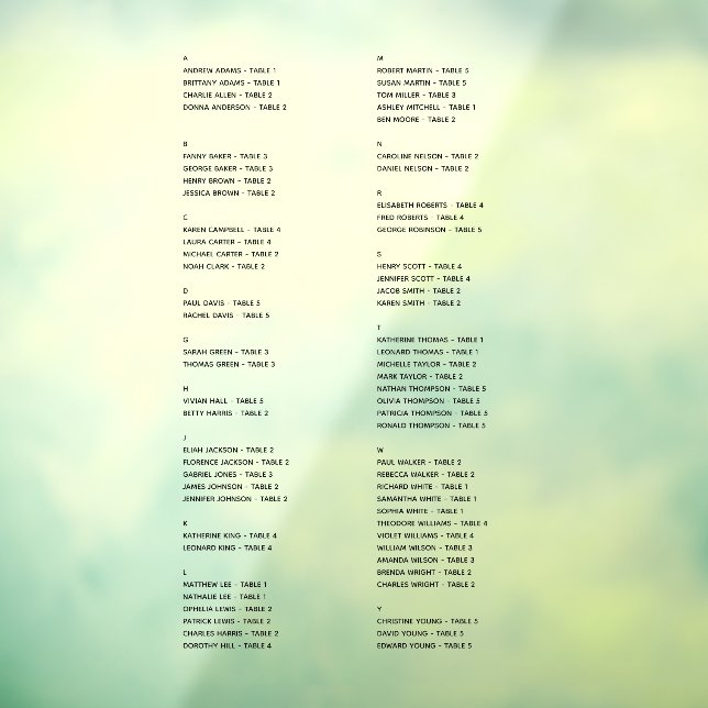 Transparent Alphabetical Seating Chart Just Names  Window Cling (Sheet 3)