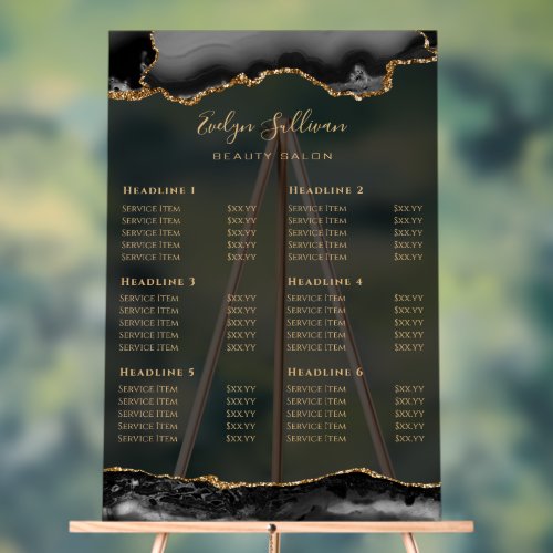 Transparent Black and Gold Agate Price List Acrylic Sign