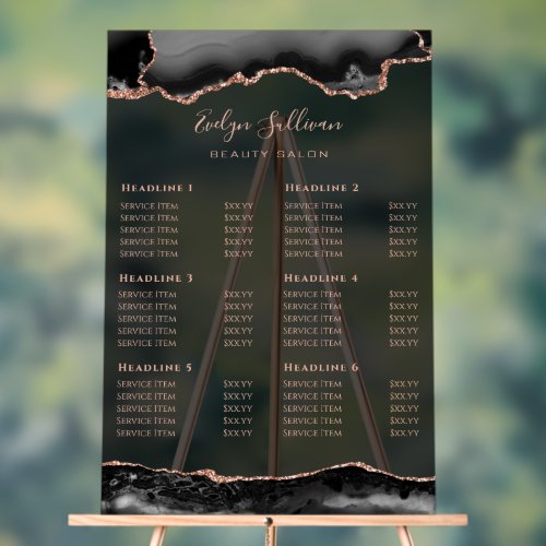 Transparent Black and Rose Gold Agate Price List Acrylic Sign