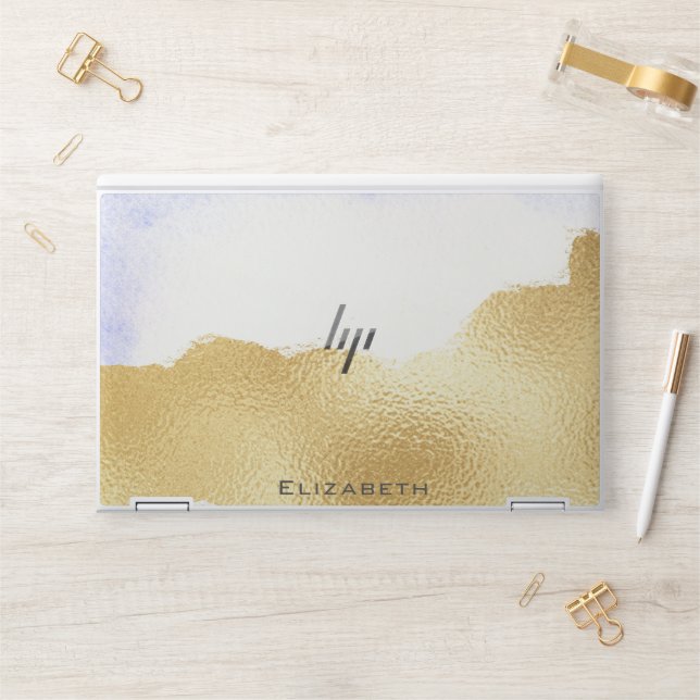 Transparent Blue Faux Gold Foil Monogram HP Laptop Skin (Desk)