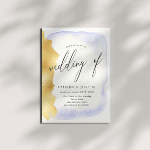 Transparent Blue Watercolor Gold Faux Foil Wedding Invitation