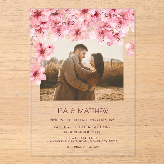  Transparent Cherry Blossom Photo Wedding Acrylic Invitations (Front)