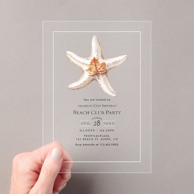 Transparent Coastal Chic Fall Beach Club Party Acrylic Invitations (Insitu (Handheld))