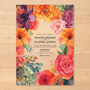 Transparent Colorful Floral Mexican Fiesta Wedding Acrylic Invitations