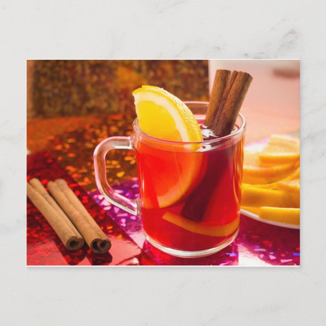 Transparent cup of tea with citrus, cinnamon postcard (Front)