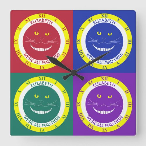 Transparent Dark Colors Cheshire Smiling Cat Square Wall Clock