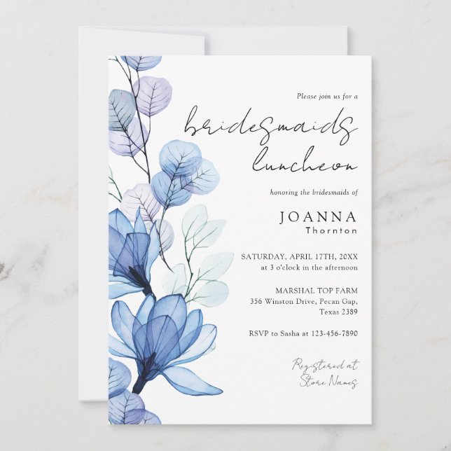 Transparent Dusty Blue Floral Bridesmaids Luncheon Invitation (Front)