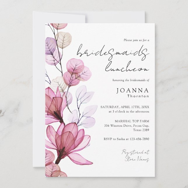 Transparent Dusty Rose Floral Bridesmaids Luncheon Invitation (Front)