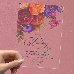 Transparent Elegant Moody Vibrant Floral Wedding Acrylic Invitations