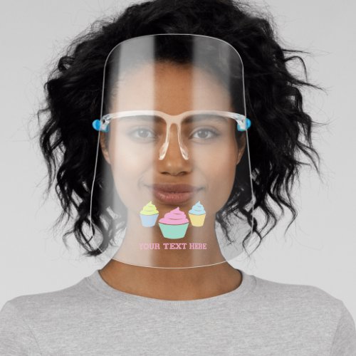 Transparent face shield with cute cupcake print