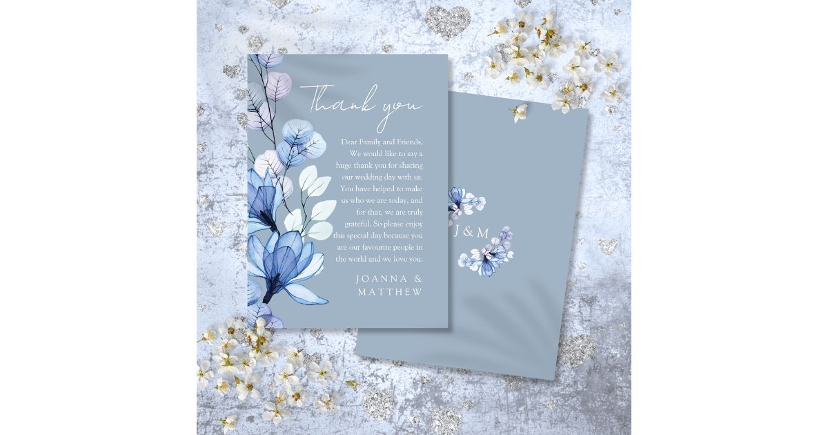 Transparent Floral Dusty Blue Wedding Thank You Place Card | Zazzle