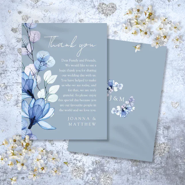 Transparent Floral Dusty Blue Wedding Thank You Place Card | Zazzle