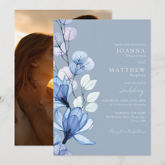 Transparent Floral Photo Dusty Blue Wedding Invitation (Front/Back)